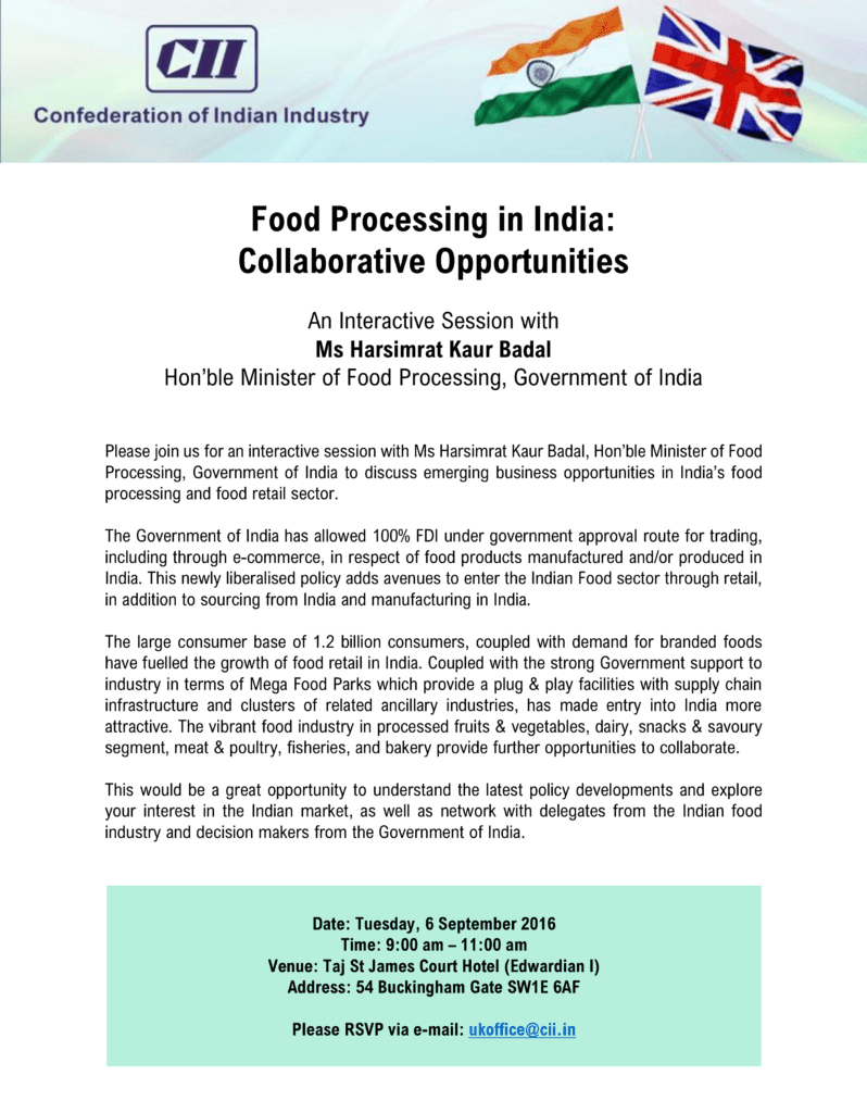 Food Processing UK and India Collaborative Opportunities UK India Business Council